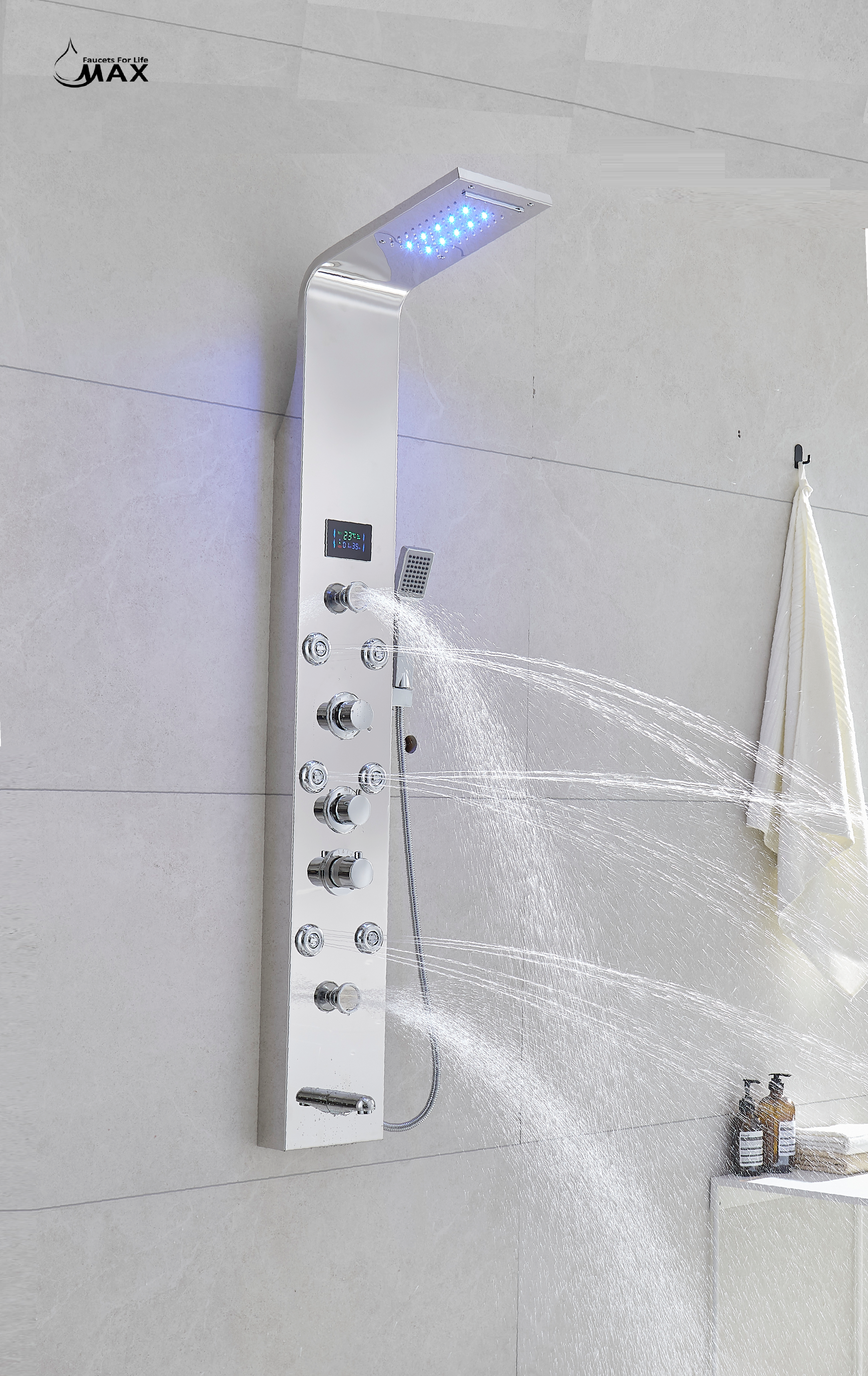 Thermostatic Rainfall Shower Panel System – 6 Functions with 8 Massage Jets, Handheld Shower & Digital Display | Chrome Finish BM-SP12611-C