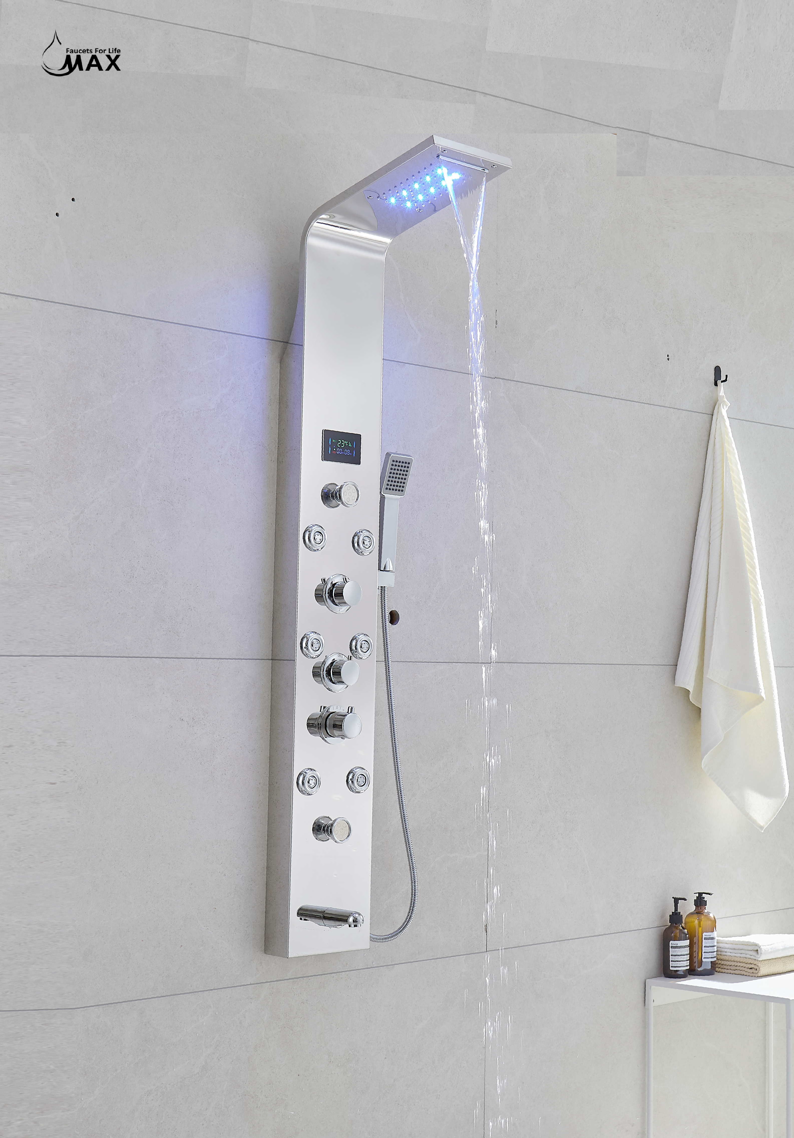Thermostatic Rainfall Shower Panel System – 6 Functions with 8 Massage Jets, Handheld Shower & Digital Display | Chrome Finish BM-SP12611-C
