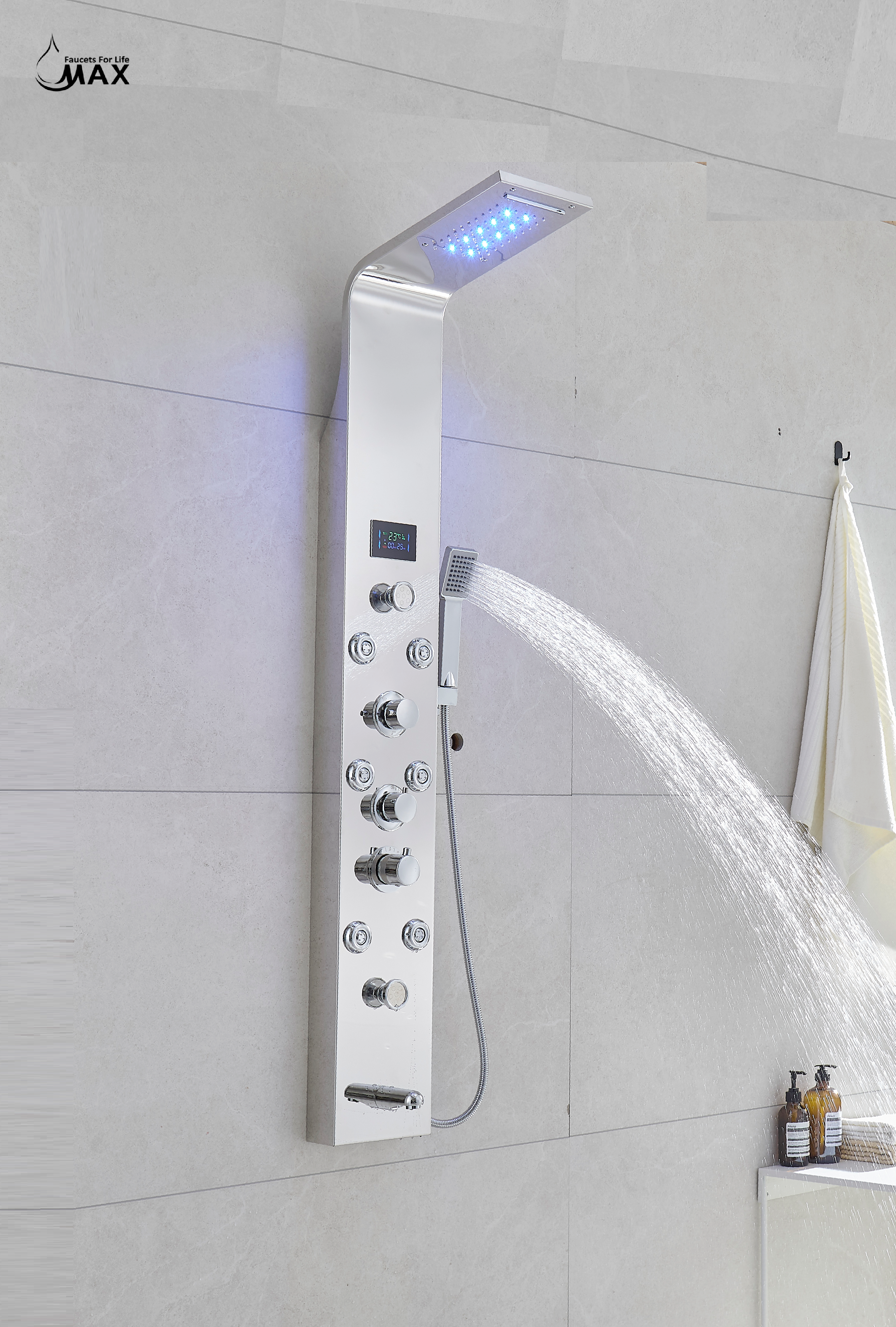 Thermostatic Rainfall Shower Panel System – 6 Functions with 8 Massage Jets, Handheld Shower & Digital Display | Chrome Finish BM-SP12611-C