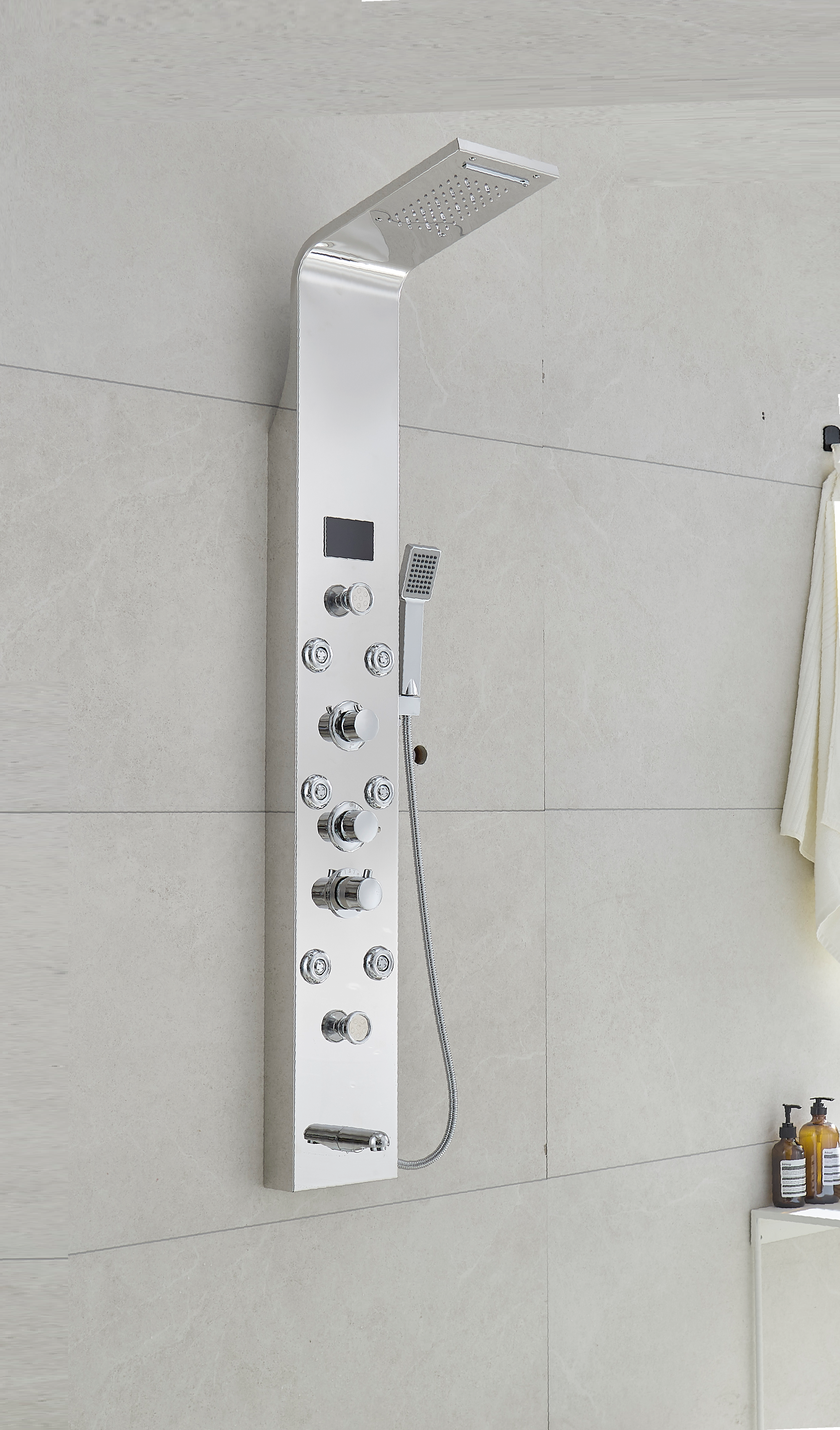 Thermostatic Rainfall Shower Panel System – 6 Functions with 8 Massage Jets, Handheld Shower & Digital Display | Chrome Finish BM-SP12611-C