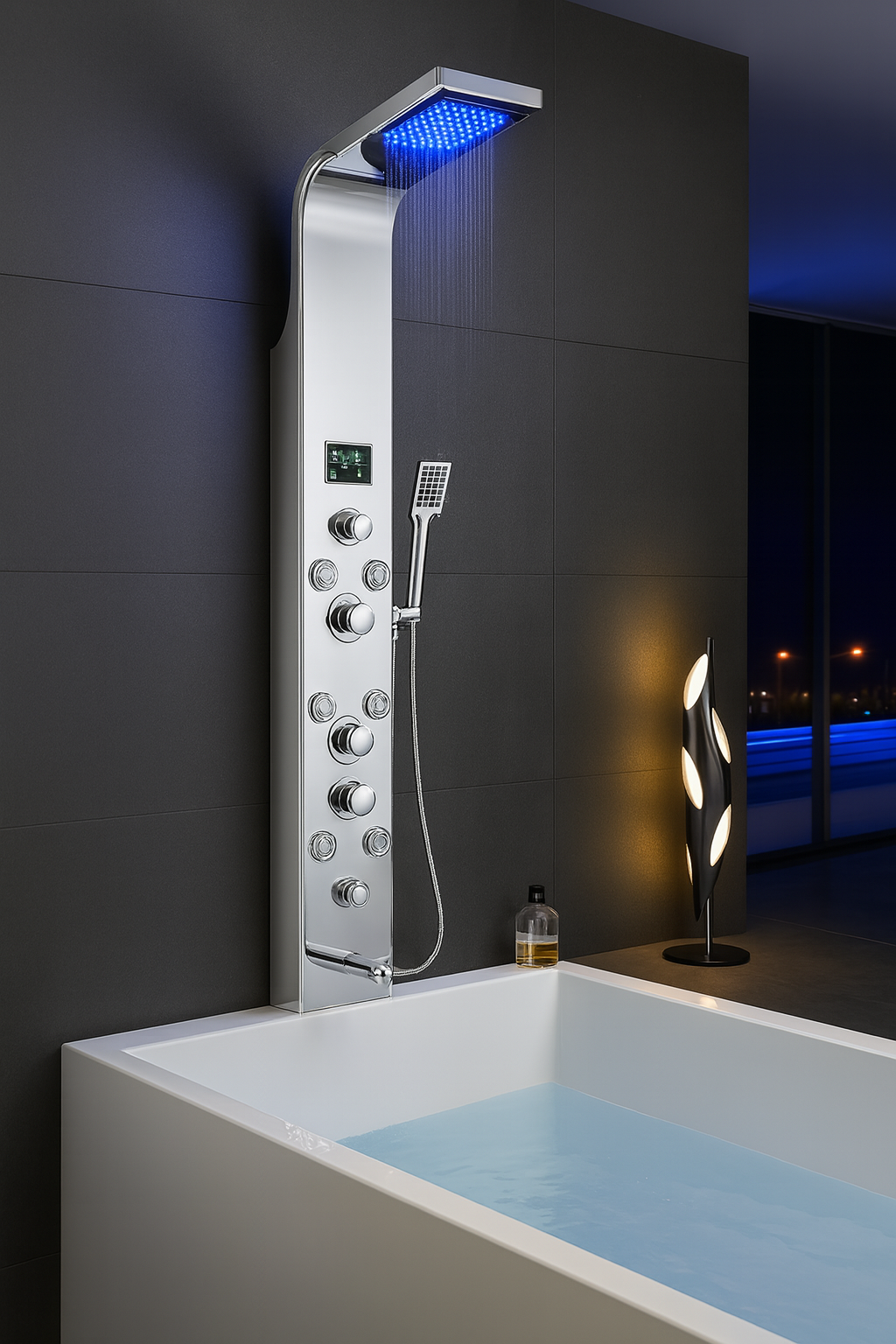 Thermostatic Rainfall Shower Panel System – 6 Functions with 8 Massage Jets, Handheld Shower & Digital Display | Chrome Finish BM-SP12611-C