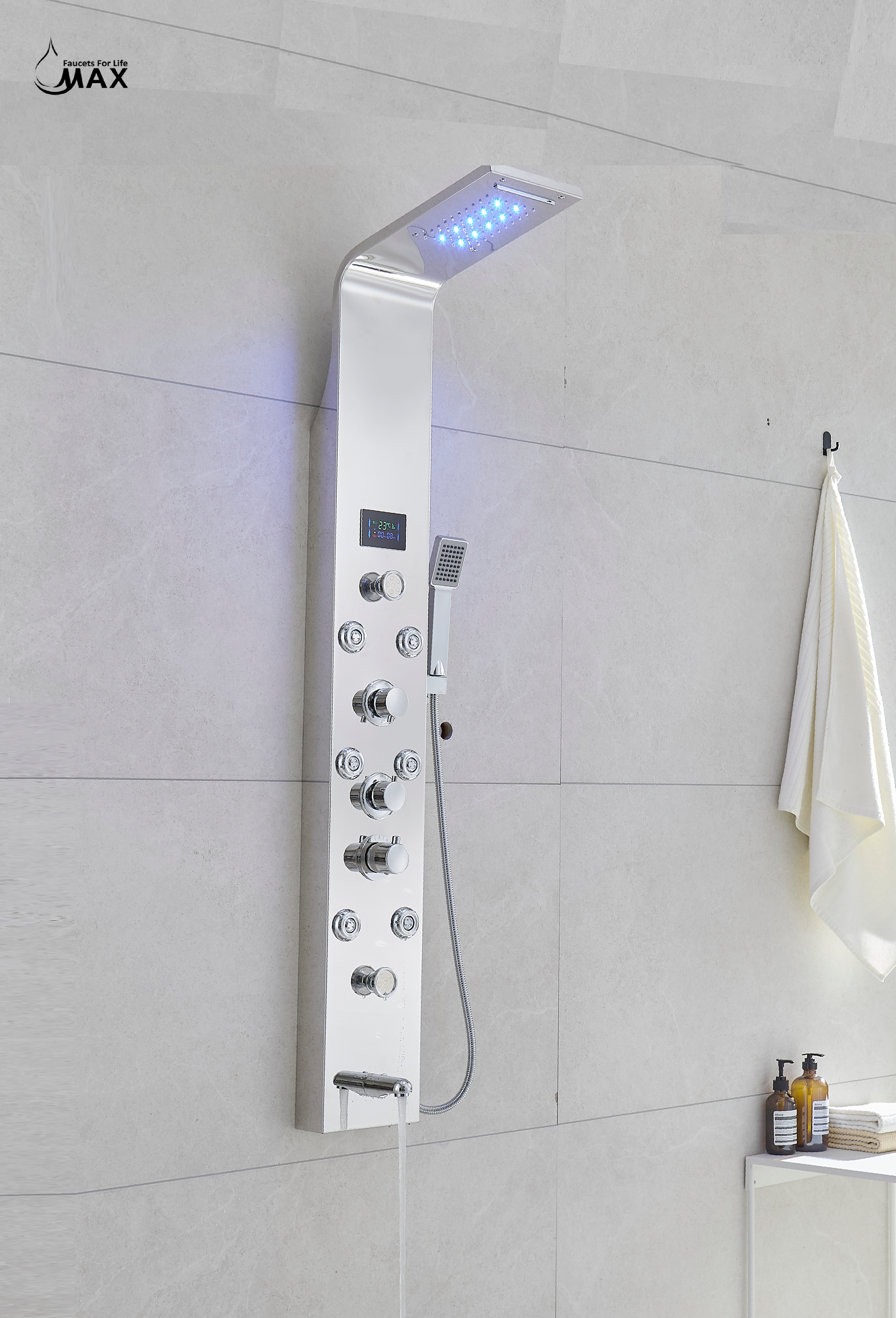 Thermostatic Rainfall Shower Panel System – 6 Functions with 8 Massage Jets, Handheld Shower & Digital Display | Chrome Finish BM-SP12611-C