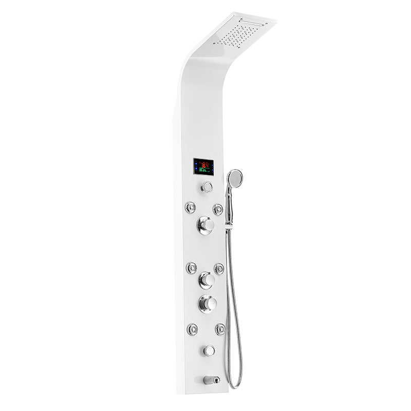 Thermostatic Rainfall Shower Panel System – 6 Functions with 8 Massage Jets, Handheld Shower & Digital Display | White Finish BM-SP12611-W