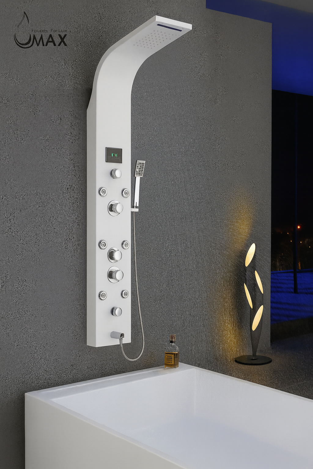 Thermostatic Rainfall Shower Panel System – 6 Functions with 8 Massage Jets, Handheld Shower & Digital Display | White Finish BM-SP12611-W