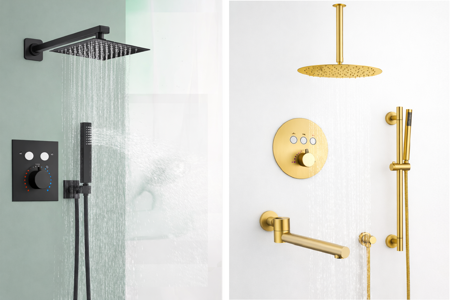 Luxury thermostatic shower systems by MAX Faucets featuring brushed gold and matte black finishes with rainfall shower heads