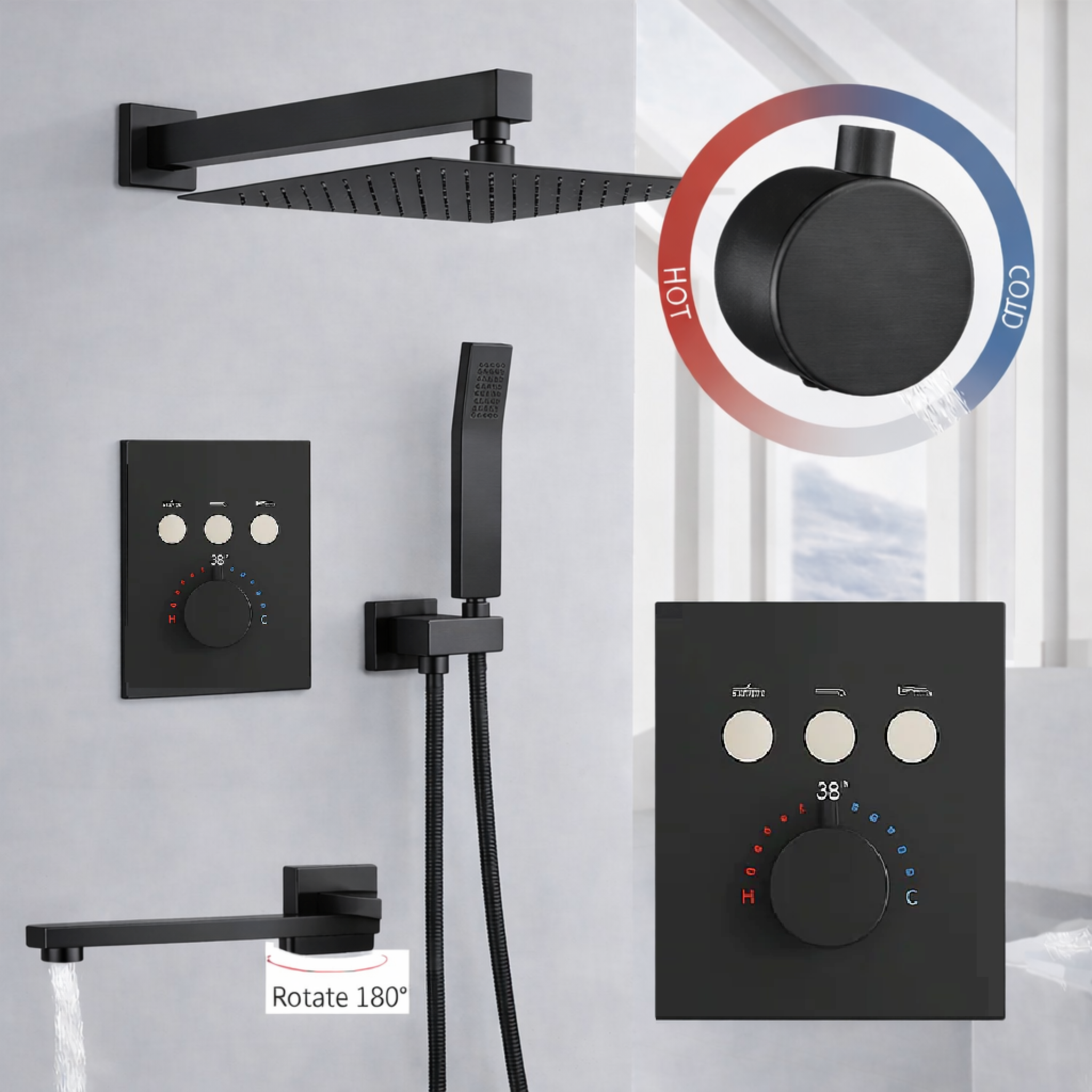 Thermostatic shower system set by MAX Faucets with precise temperature control and modern design