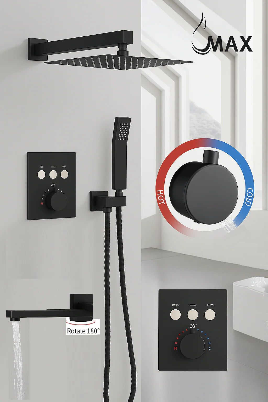 MAX Faucets | Thermostatic Shower System Set Three Functions With Push-buttons Pressure Balance Valve Matte Black Finish