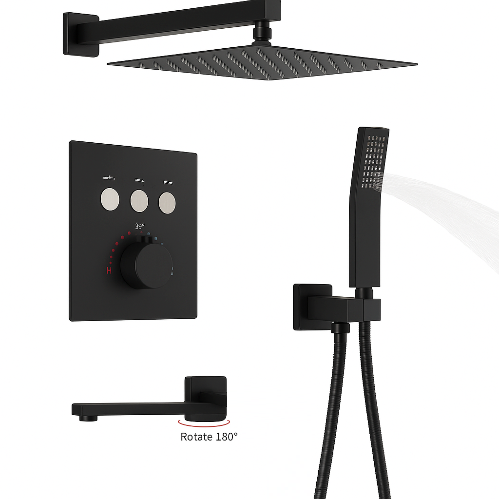 MAX Faucets | Thermostatic Shower System Set Three Functions With Push-buttons Pressure Balance Valve Matte Black Finish