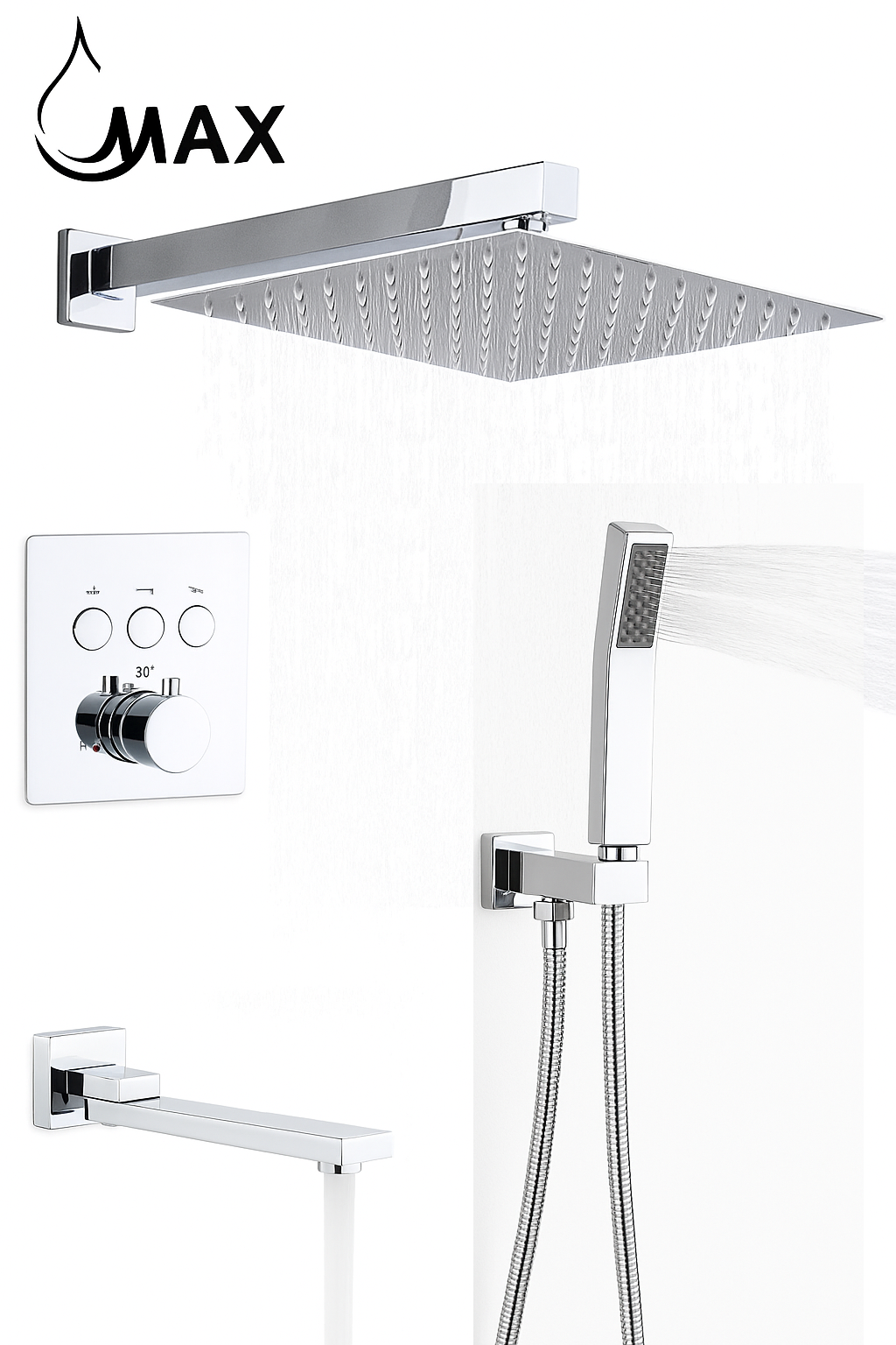 MAX Faucets | Thermostatic Shower System Set Three Functions With Push Buttons And Pressure Balance Valve Chrome Finish MW7133TH-C