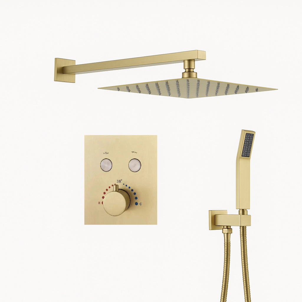 Thermostatic Shower System Set Two Functions With Push-Buttons and Pressure Balance Valve Brushed Gold Finish YM-MW7122TH-BG