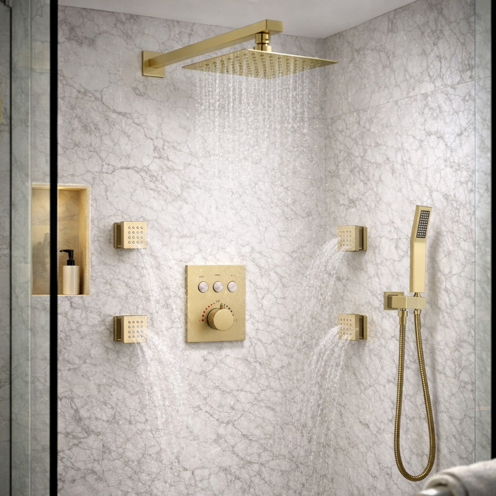 Thermostatic Shower System Three Function Handheld With 4 Body Jets and Valve Brushed Gold Finish