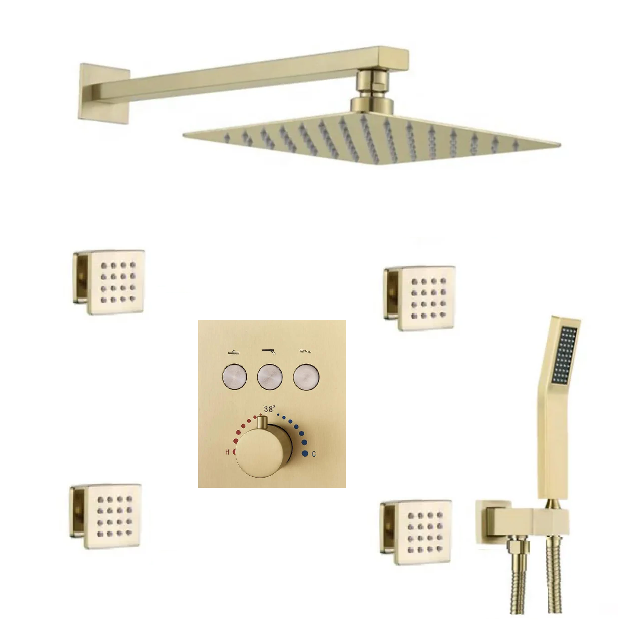 Thermostatic Shower System Three Function Handheld With 4 Body Jets and Valve Brushed Gold Finish