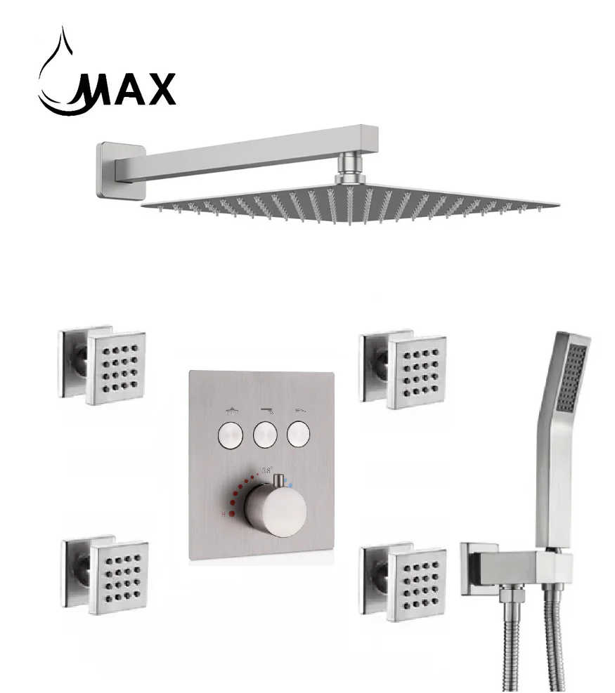 Thermostatic Shower System Three Function Handheld With 4 Body Jets and Valve Brushed Nickel Finish