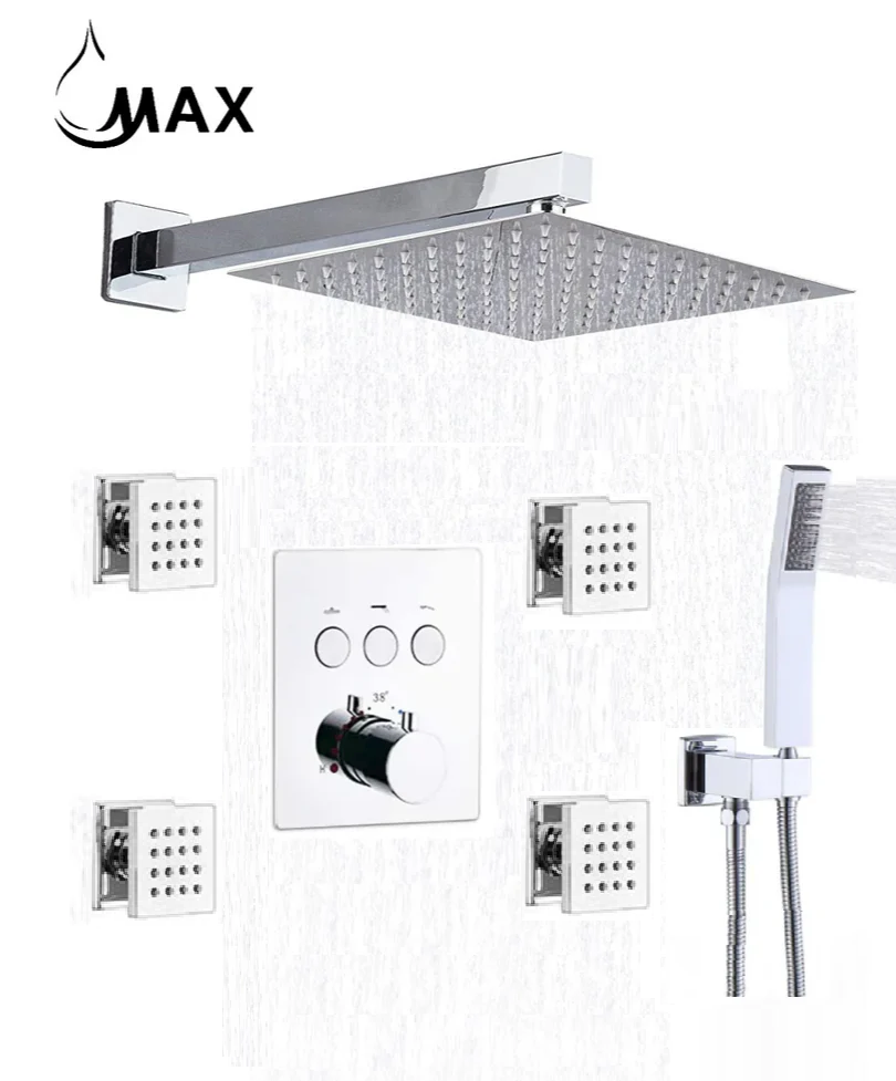 Thermostatic Shower System Three Function Handheld With 4 Body Jets and Valve Chrome Finish