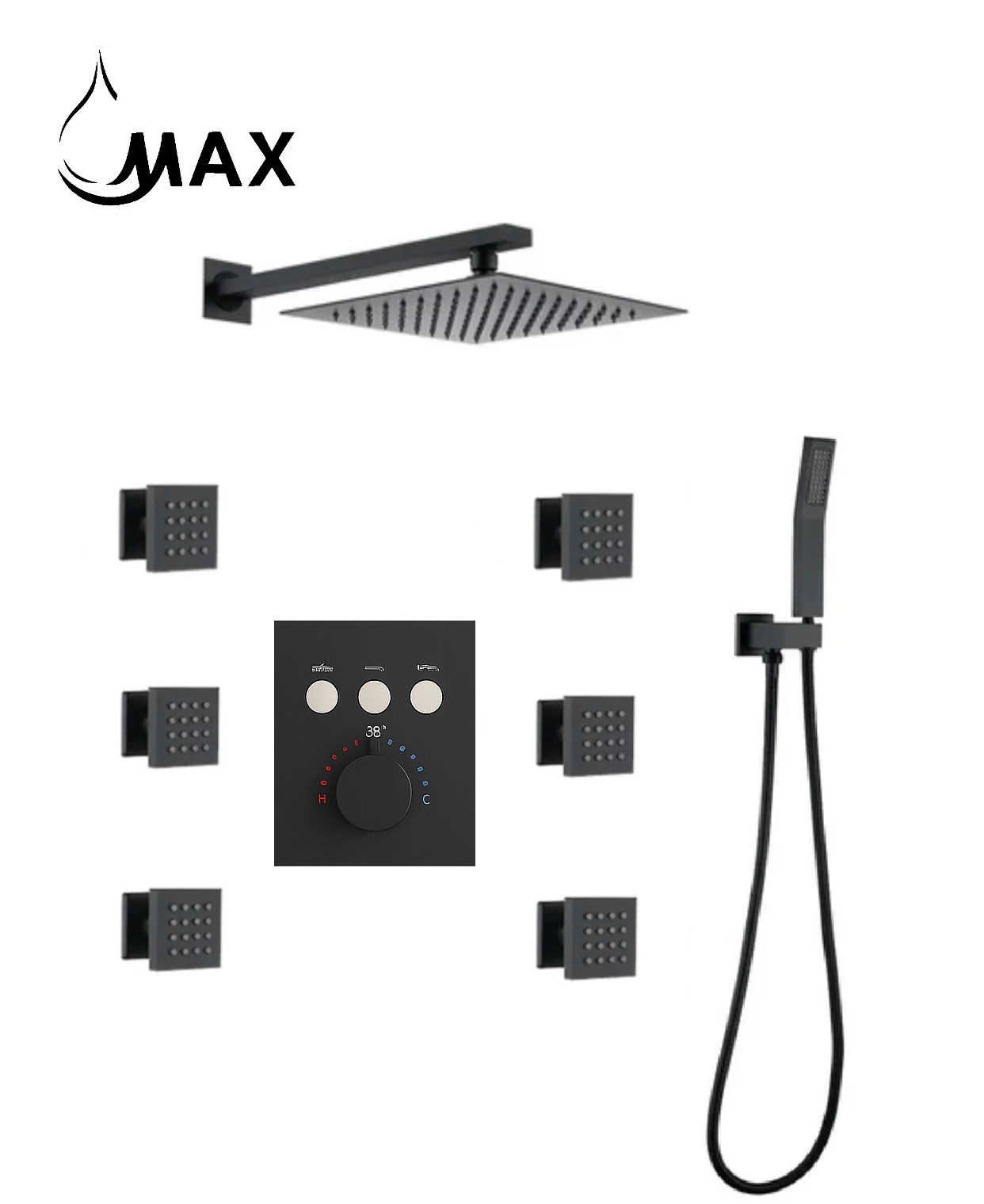 Thermostatic Shower System Three Function Handheld With 6 Body Jets and Valve Matte Black Finish