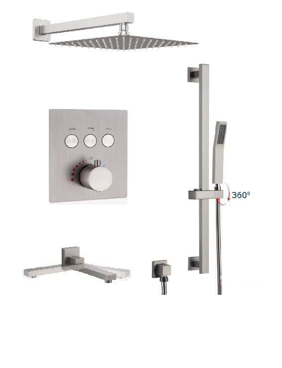 Thermostatic Shower System Three Functions With Hand-Held Slide Bar and Pressure Balance Valve Brushed Nickel Finish