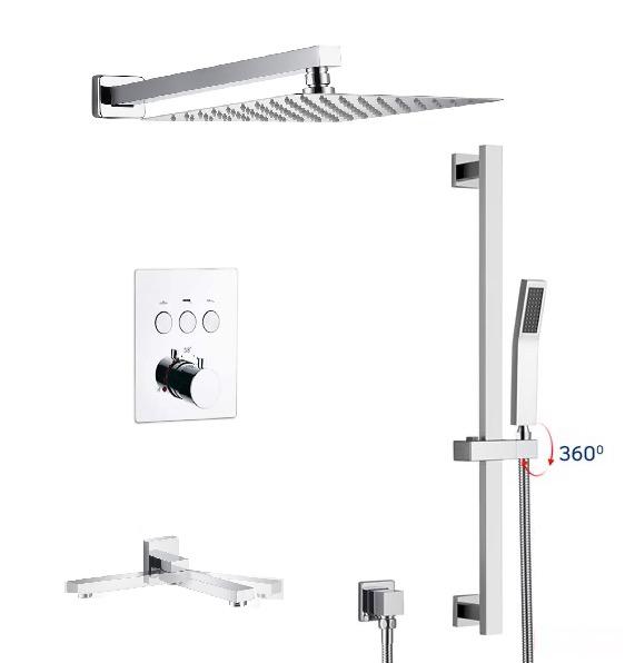 Thermostatic Shower System Three Functions With Hand-Held Slide Bar and Pressure Balance Valve Chrome Finish