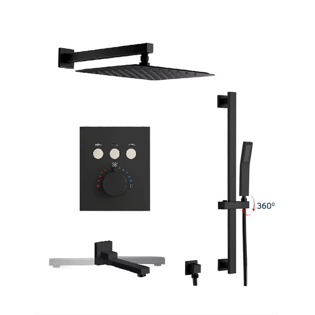 MAX Faucets Thermostatic Shower System Three Functions With Hand-Held Slide Bar and Pressure Balance Valve Matte Black Finish