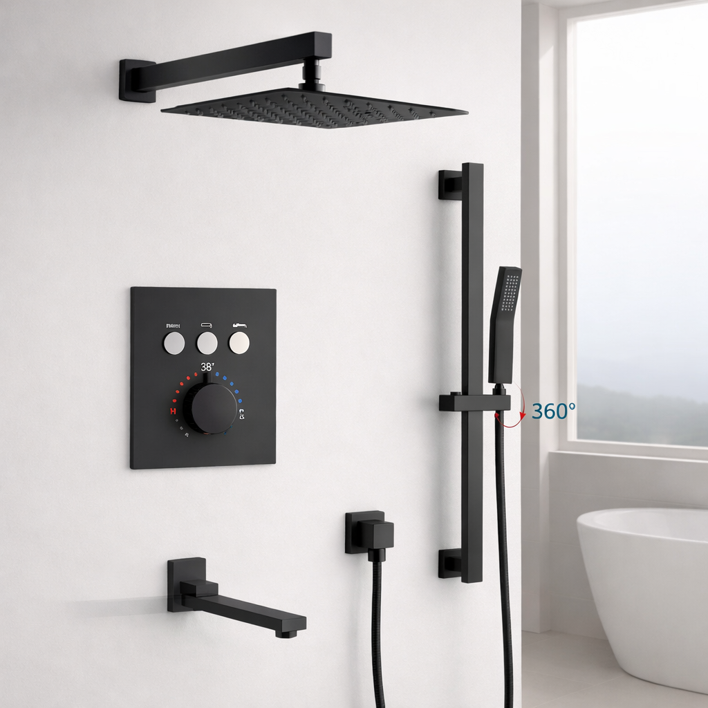 MAX Faucets Thermostatic Shower System Three Functions With Hand-Held Slide Bar and Pressure Balance Valve Matte Black Finish