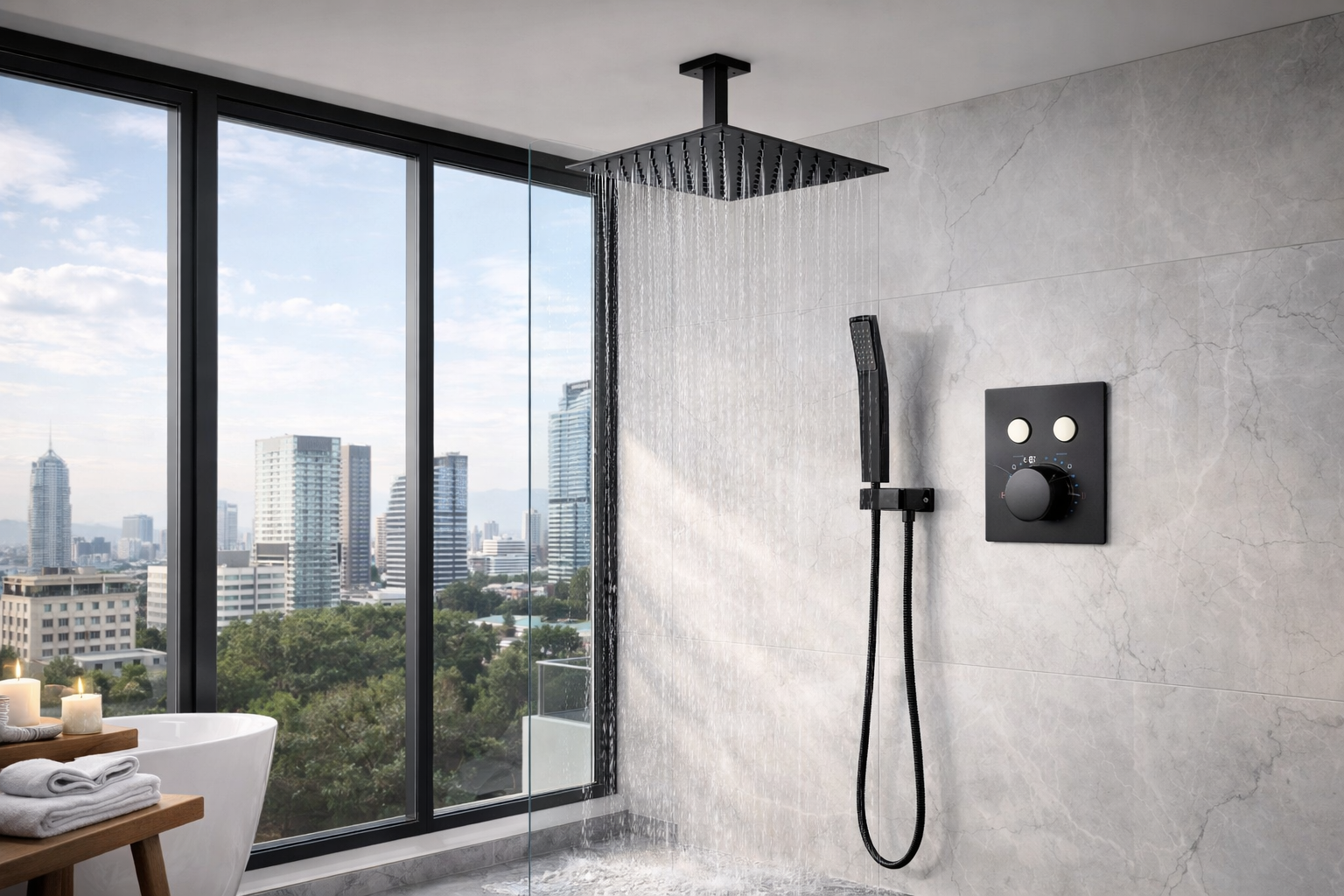 Thermostatic shower system with temperature control, rainfall shower head and handheld spray for modern bathroom