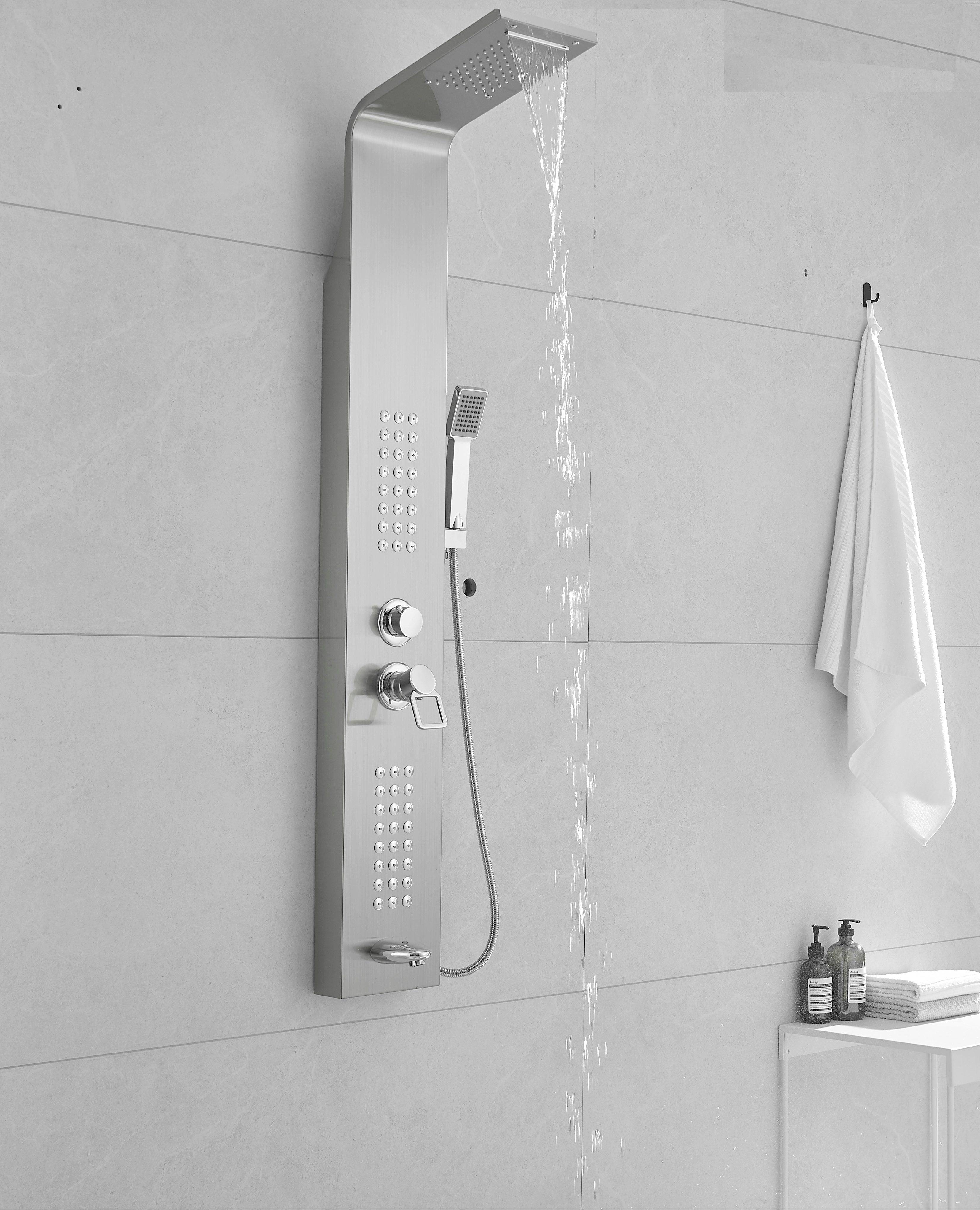 Thermostatic Waterfall Shower Panel System with Massage Jets and Handheld Shower | Brushed Nickel Finish BM-SP104-BN