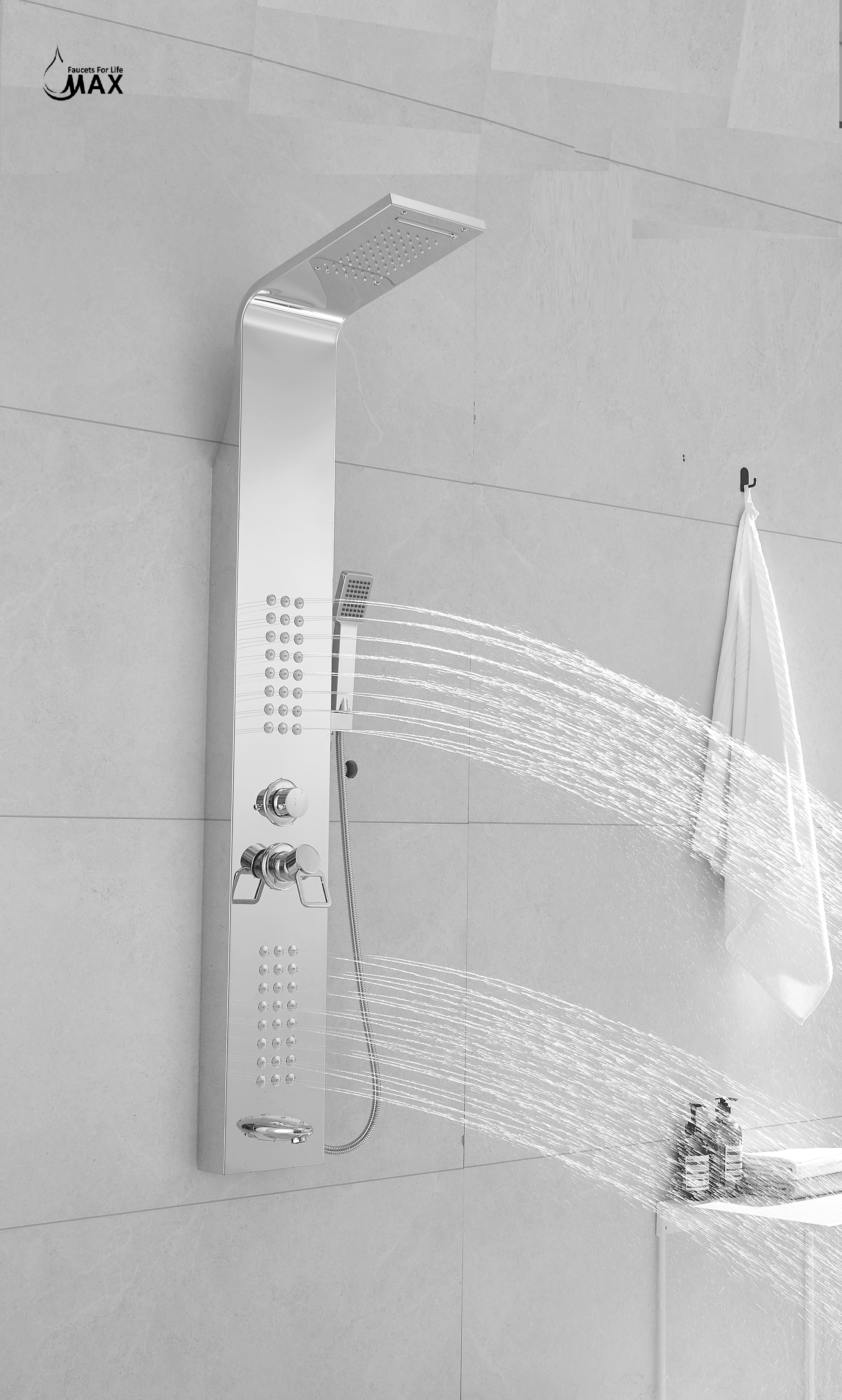 Thermostatic Waterfall Shower Panel System with Massage Jets and Handheld Shower | Chrome Finish BM-SP104-C