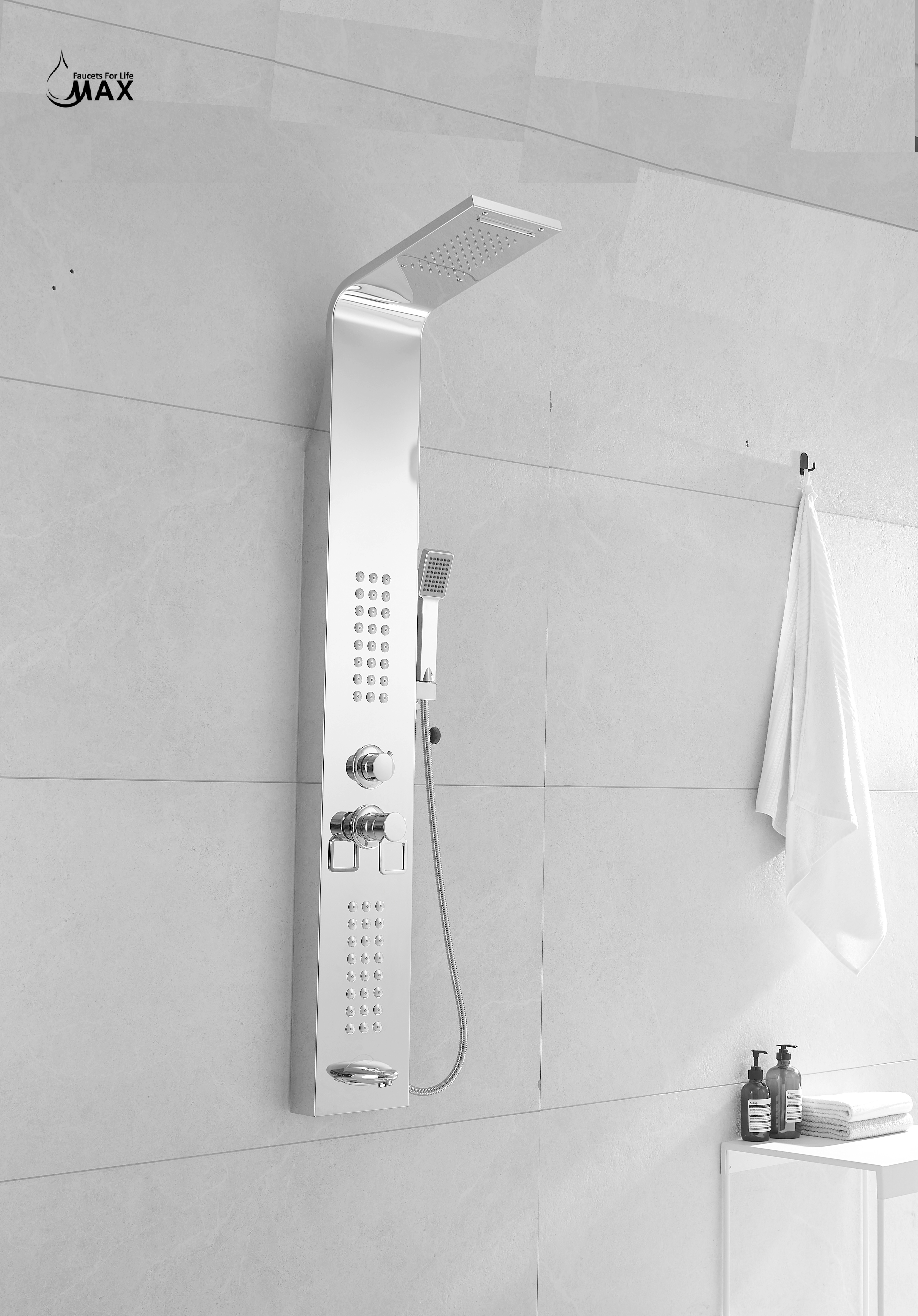 Thermostatic Waterfall Shower Panel System with Massage Jets and Handheld Shower | Chrome Finish BM-SP104-C