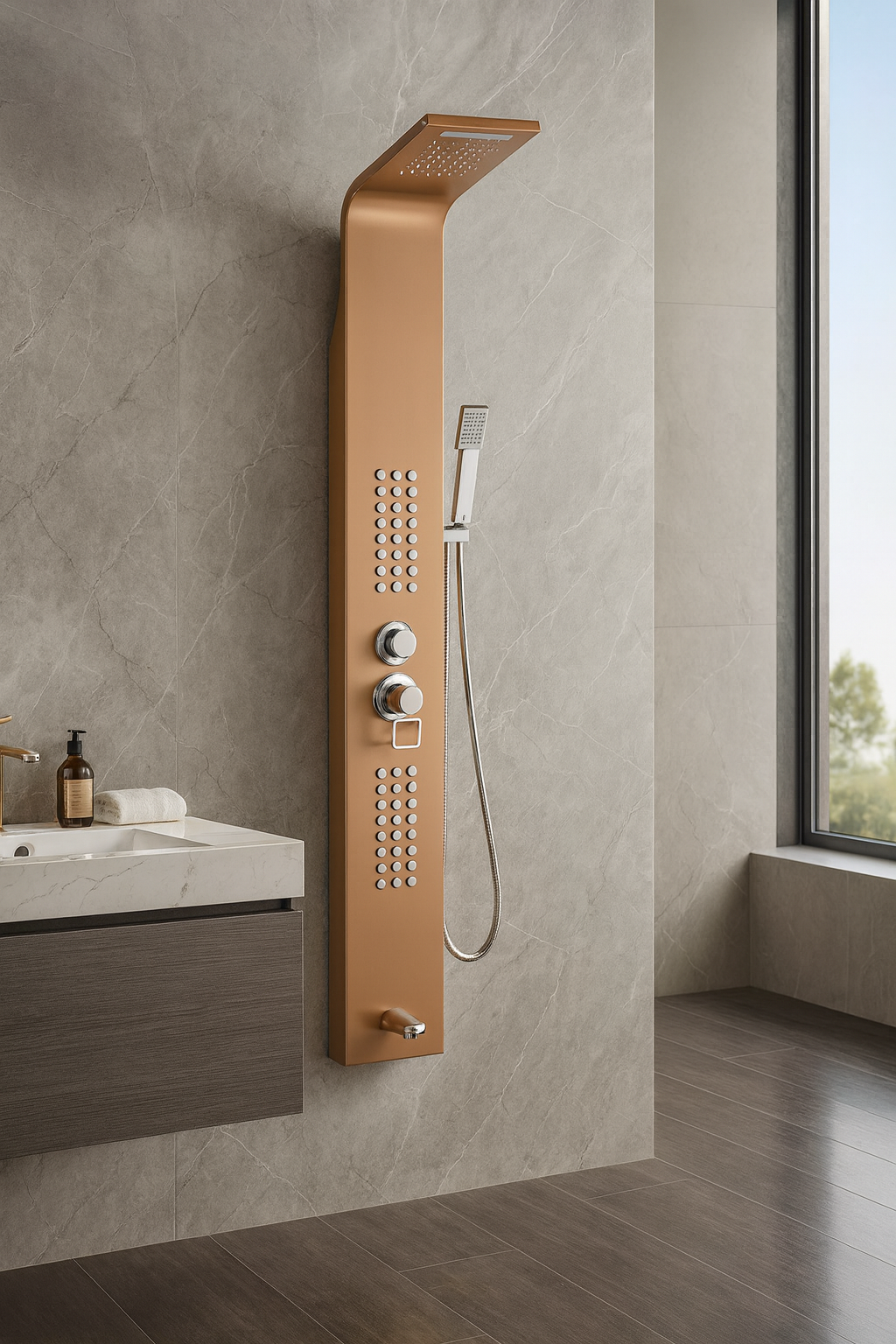 Thermostatic Waterfall Shower Panel System with Massage Jets and Handheld Shower | Rose Gold Finish BM-SP104-RG