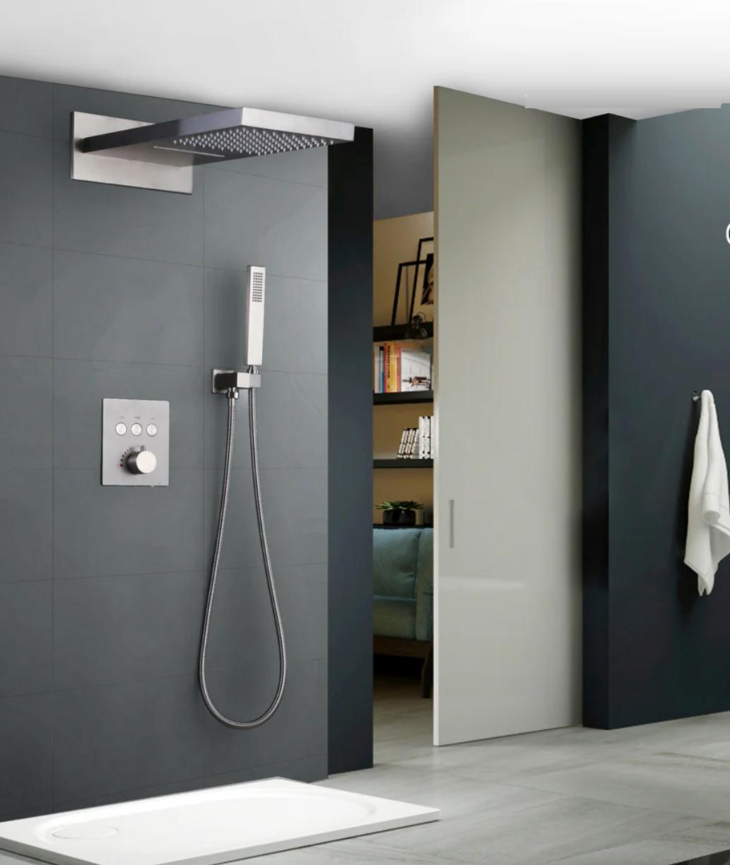MAX Faucets brushed nickel shower system with thermostatic temperature control and anti-scald protection