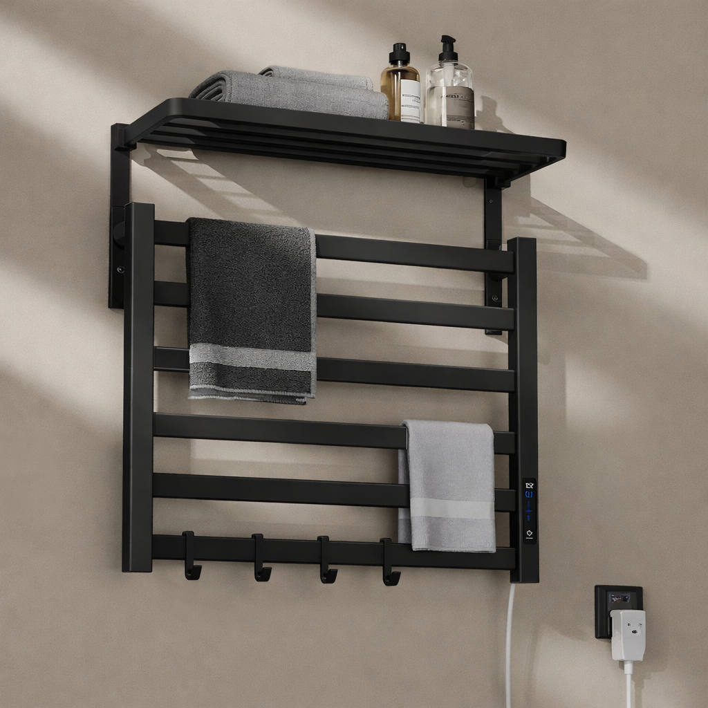Digital control panel on black electric towel warmer rack temperature control display