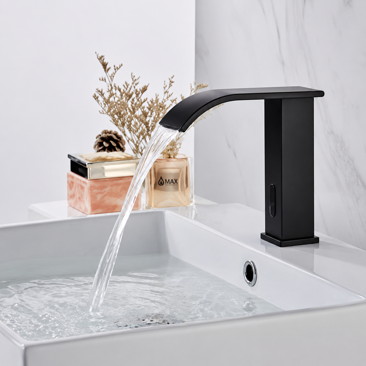 MAX Faucets WF-S22311-MB touchless bathroom faucet in matte black with thermostatic valve, automatic sensor operation, hot and cold water control, and water-saving performance.