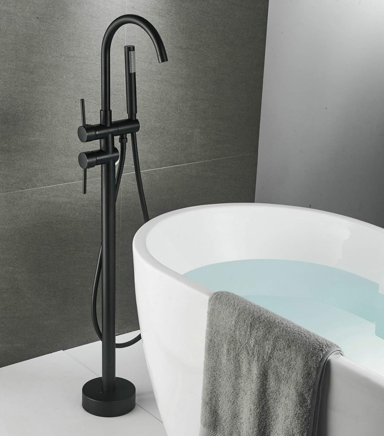 Tub Filler Faucet Single Handle Floor Mount With Rough-In And Handheld Matte Black Finish