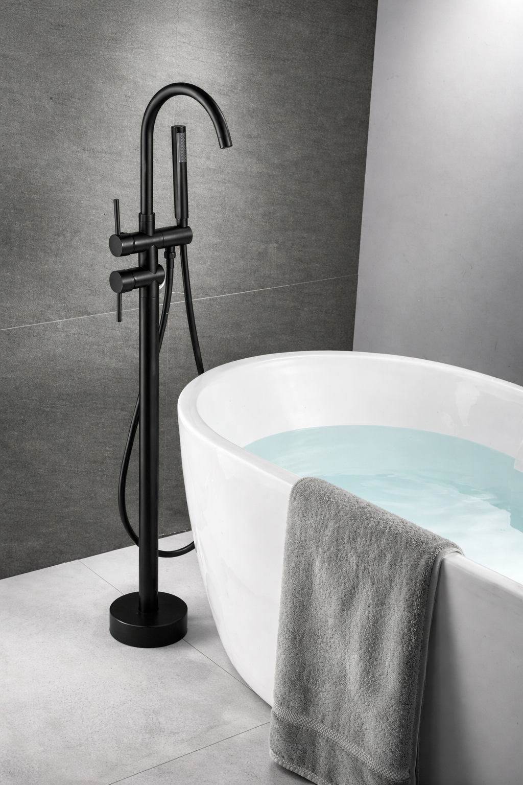 Tub Filler Faucet Single Handle Floor Mount With Rough-In And Handheld Matte Black Finish