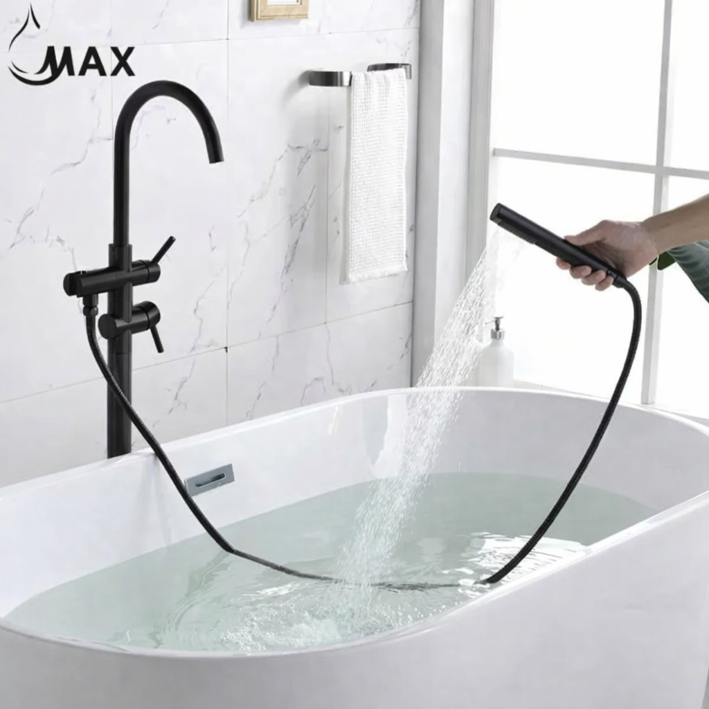 Tub Filler Faucet Single Handle Floor Mount With Rough-In And Handheld Matte Black Finish