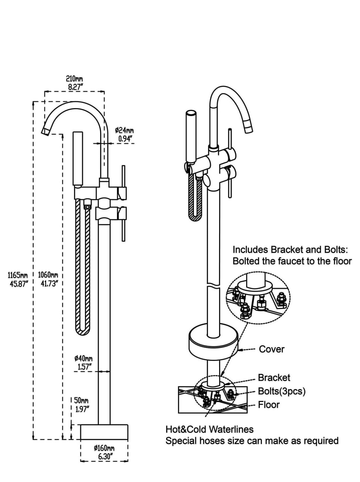 Tub Filler Faucet Single Handle Floor Mount With Rough-In And Handheld Matte Black Finish SIZE