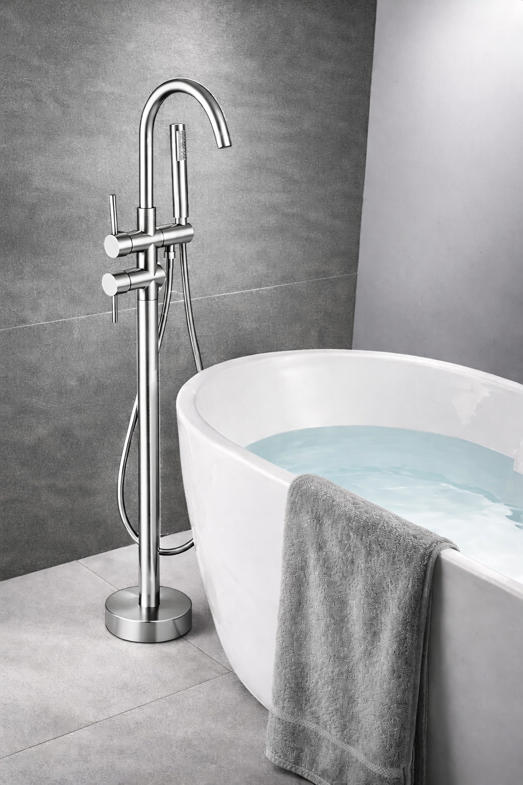 Tub Filler Faucet Single Handle Floor Mounted With Rough-In And Handheld Chrome Finish