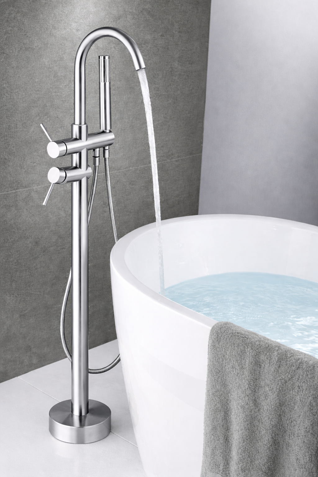 Tub Filler Faucet Single Handle Floor Mounted With Rough-In And Handheld Chrome Finish