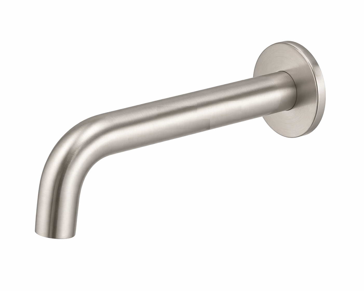 Stainless steel wall-mounted faucet spout on a white background