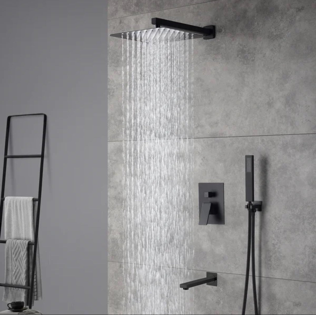 Tub Shower System Three Functions With Pressure-Balance Valve Matte Black Finish Square Design YM-MW6335-MB