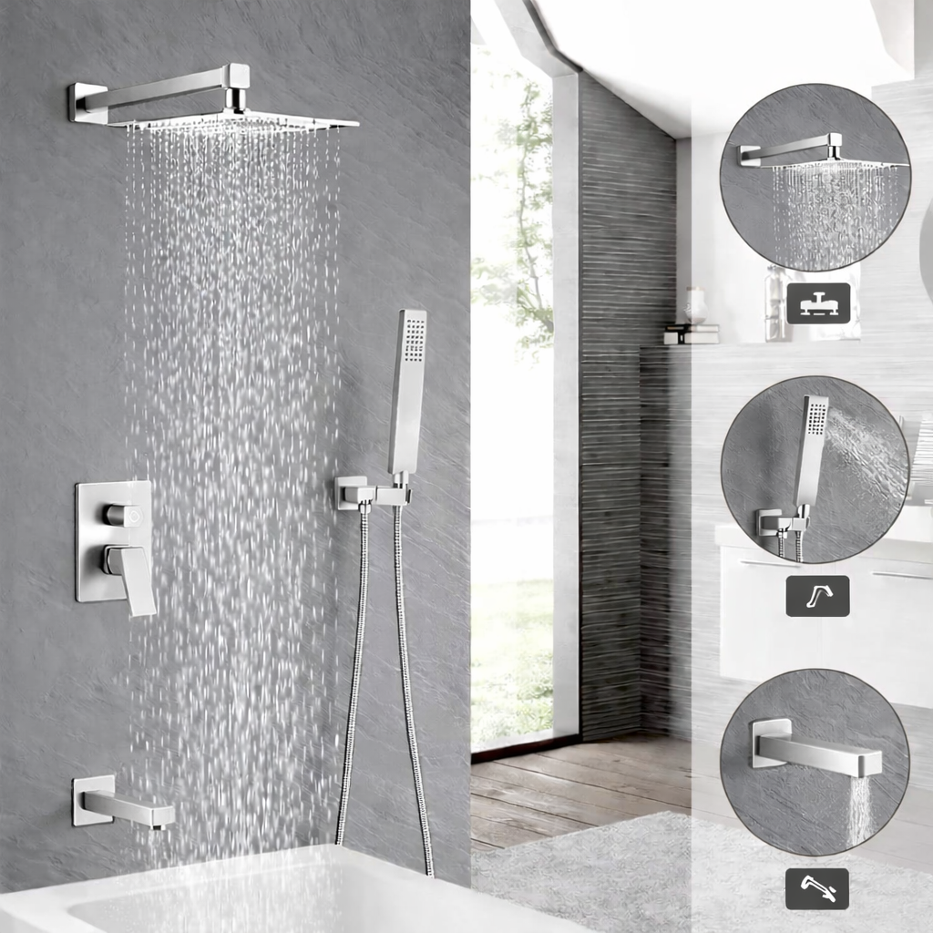 Tub Shower System Three Functions With Pressure-balance Valve Brushed Nickel Finish Square Design YM-MW6335-BN