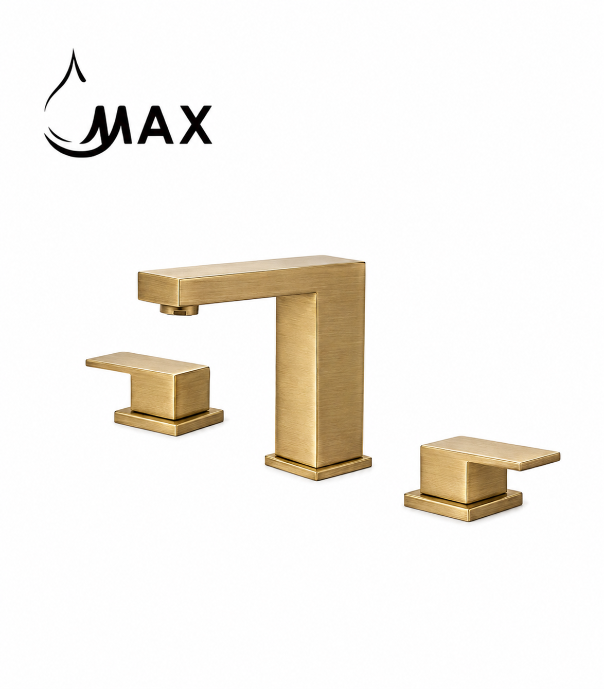 A modern matte gold bathroom faucet set with a tall rectangular spout, two matching lever handles, and running water into a white marble sink. A black circular mirror is partially visible on the wall, and the brand logo 'MAX' appears in the upper right corner.