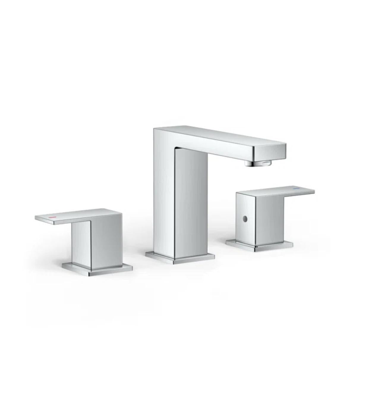 Chrome bathroom faucet set on a white background