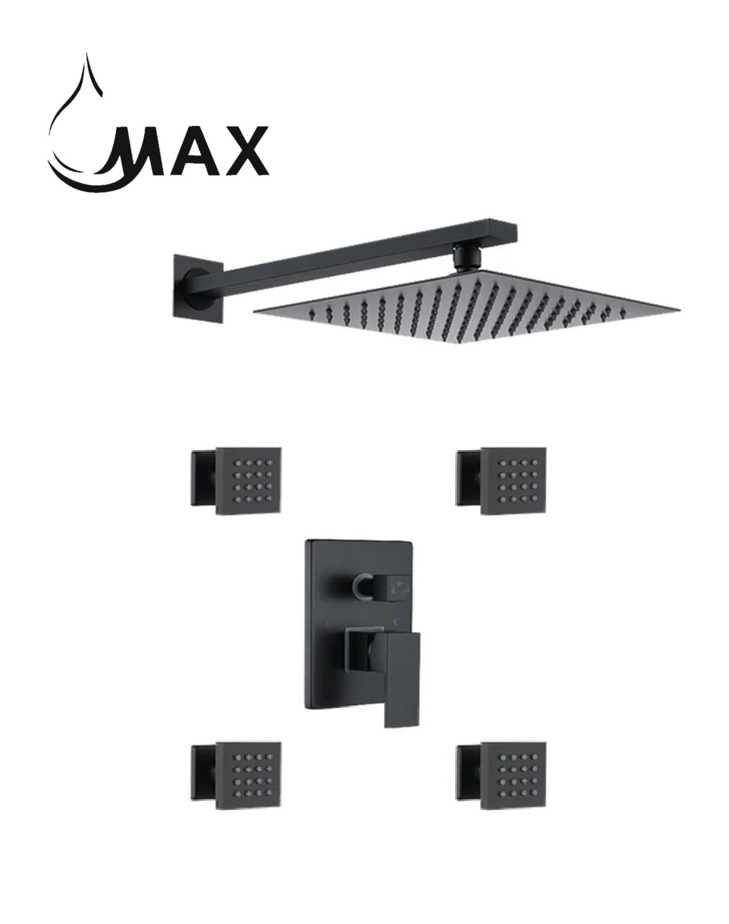 Wall Shower System Set Two Functions With 4 Body Jets Matte Black Finish