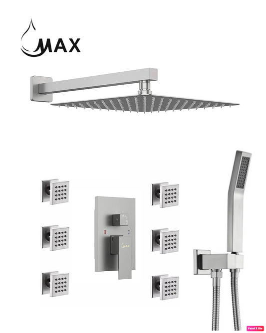 Wall Shower System Set Three Functions With 6 Body Jets Brushed Nickel Finish