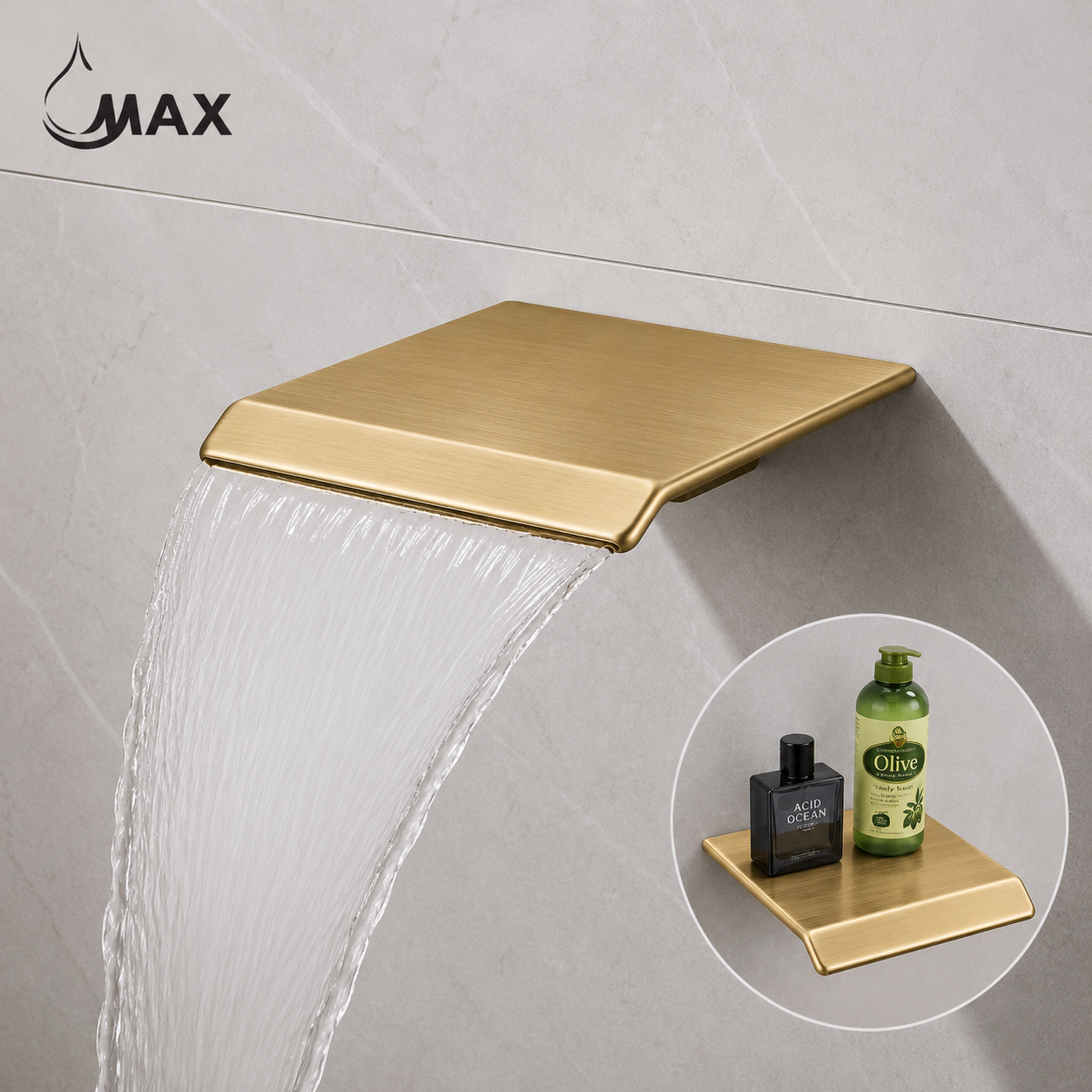 Brushed gold waterfall tub filler spout wall mounted with wide water flow by MAX Faucets