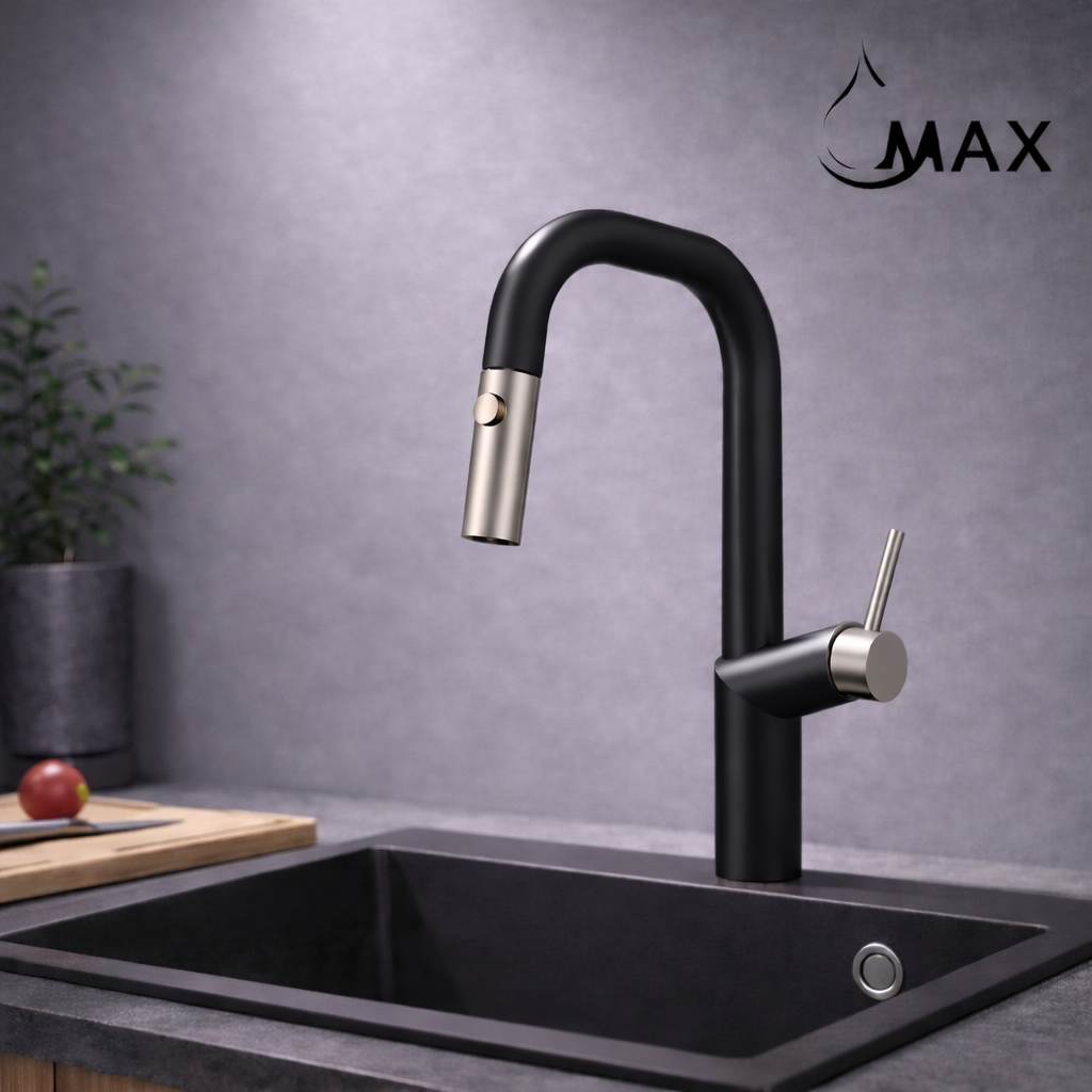 Matte black pull-out kitchen faucet with high-arc gooseneck design