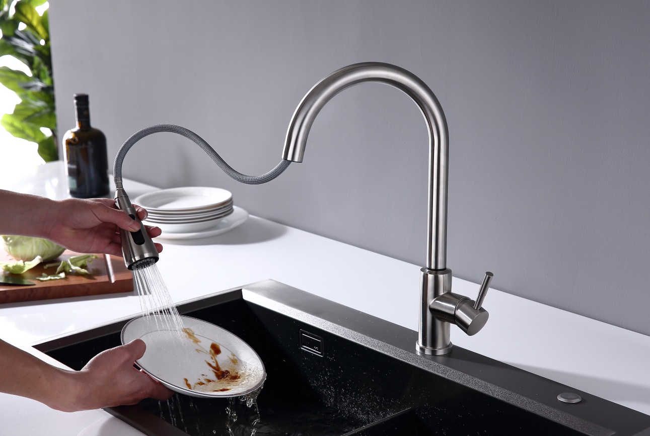 Modern pull-down kitchen faucet in brushed nickel by MAX Faucets® with flexible spray head and sleek design