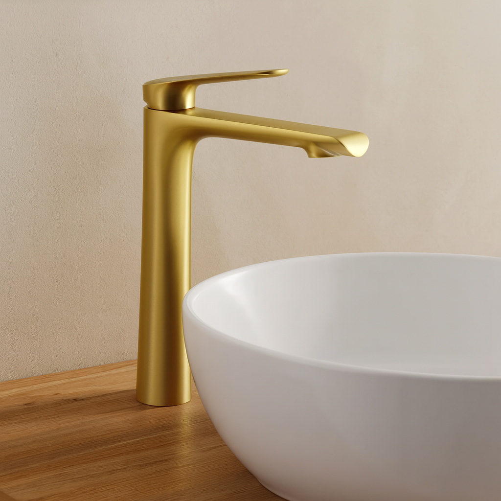 Vessel Sink Bathroom Faucet – Ultra Thin Spout 10" Brushed Gold Finish HM-TS1109V-BG