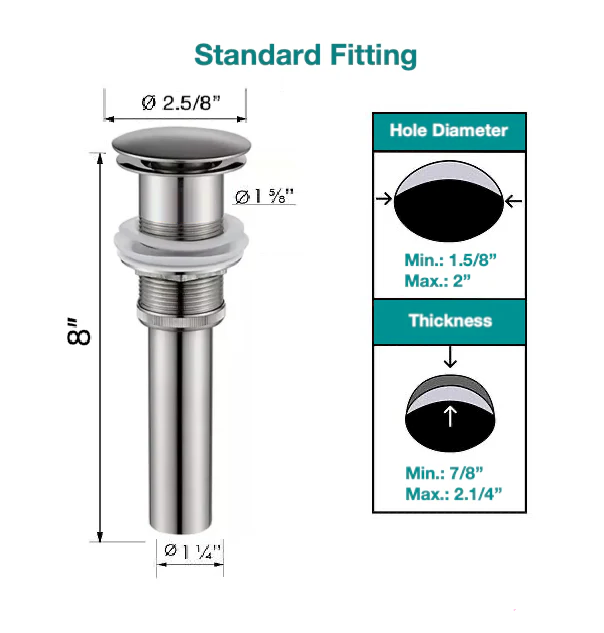 MAX Faucets | Solid Brass Pop-Up Bathroom Sink Drain Without Overflow – Brushed Nickel Finish