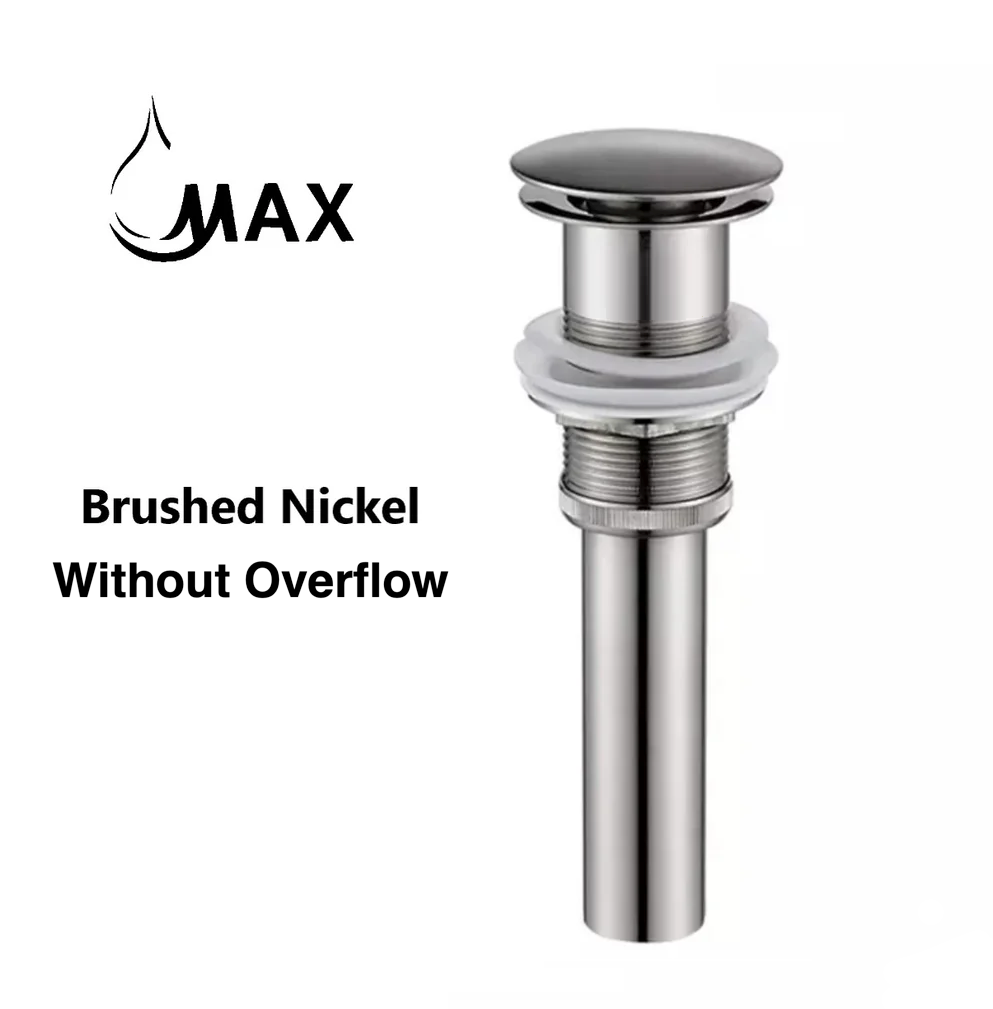 MAX Faucets | Solid Brass Pop-Up Bathroom Sink Drain Without Overflow – Brushed Nickel Finish